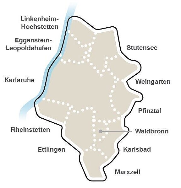 Karte vom Nachbarschaftsverband Karlsruhe mit den elf Mitgliedsgemeinden